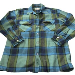 Vintage 70s Cranbrook Plaid Flannel Shirt Mens Med Blue Green Wool Blend Japan